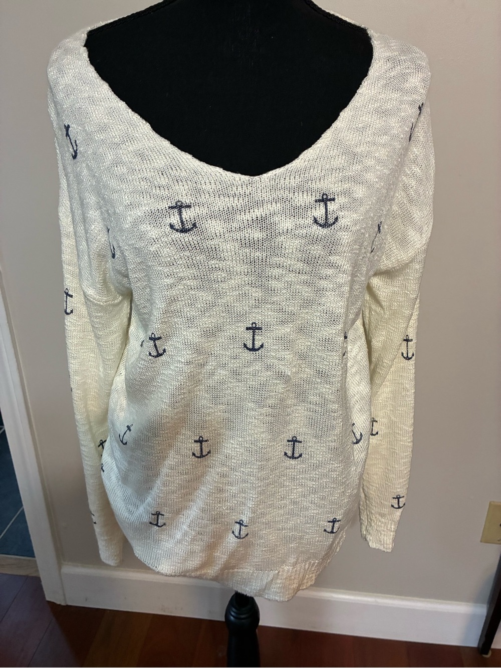 V-Neck Anchor Knit Sweater - Cream with Navy Anchors